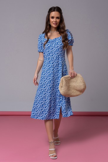 Синее ретро платье с цветочным принтом и разрезом