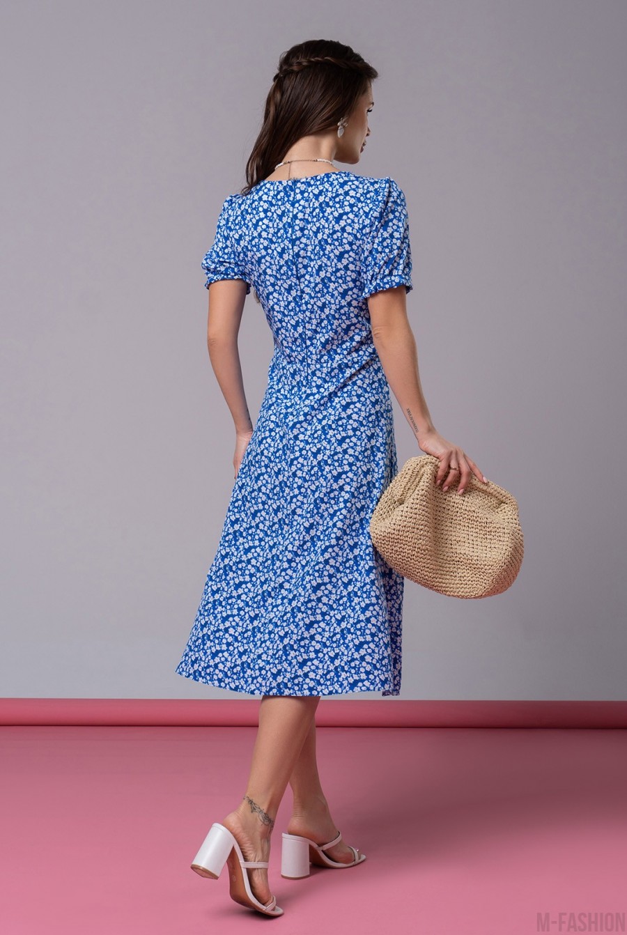 Синее ретро платье с цветочным принтом и разрезом - Фото 3