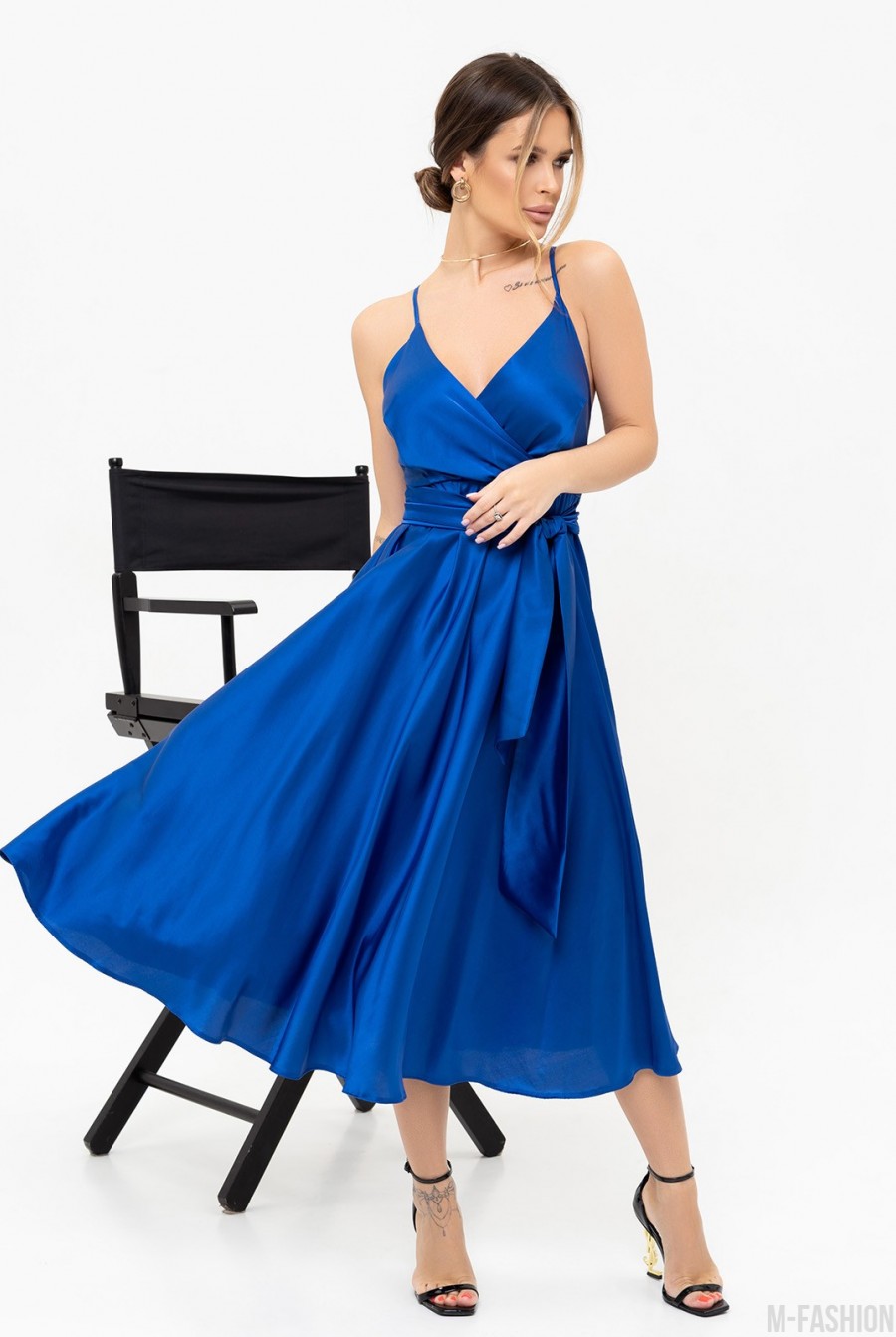 Синее шелковое платье с завязкой  - Фото 1