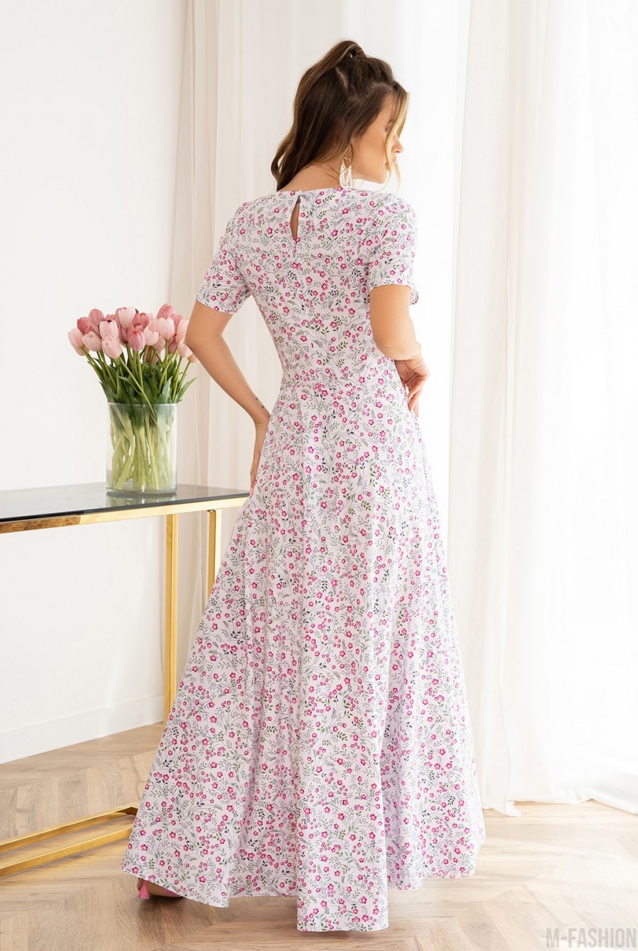 Цветочное длинное платье с классическим кроем - Фото 3