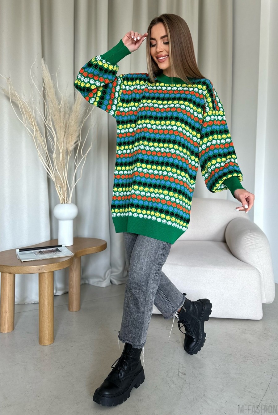 Зеленый шерстяной свитер со смайликами - Фото 2