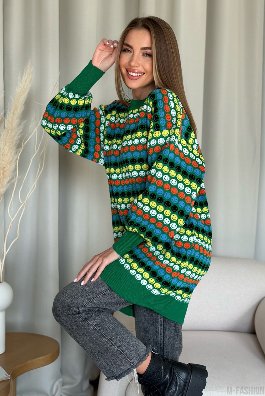 Зеленый шерстяной свитер со смайликами - Фото 3